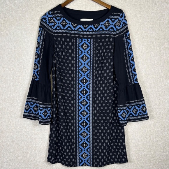 LOFT Dresses & Skirts - Loft Womens Medium Blue Black Geometric Floral 3/4 Bell Sleeve Boho Shift Dress